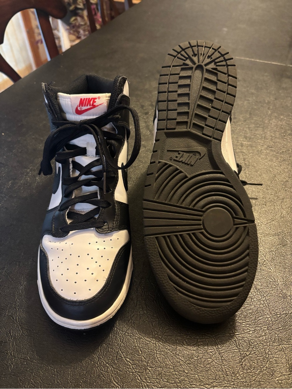 Nike Men’s Black and White High-Top Sneakers with Red Tongue Logo